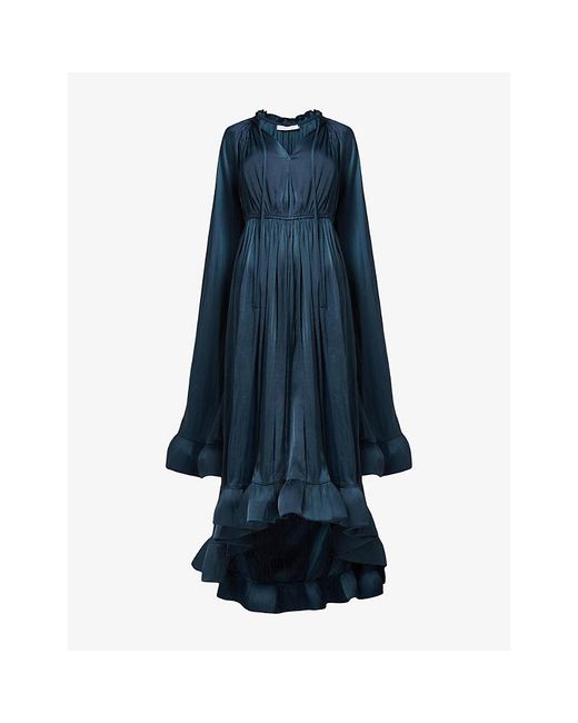 eem Blue Cape-Sleeve Frilled-Hem Woven Maxi Dress