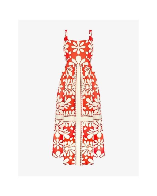 Ro&zo Red Raya Graphic-Print Square-Neck Cotton Maxi Dress