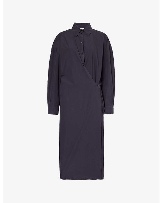 Lemaire Blue Twisted Wrap-over Cotton Midi Dress