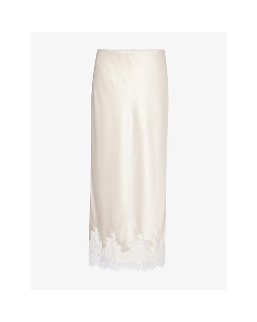 Dissh White Selene Lace-Trim Satin Midi Skirt