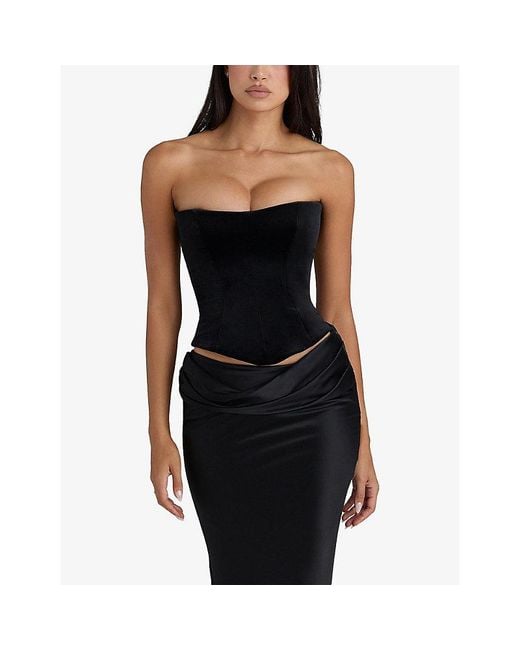 House Of Cb Black Omari Stretch-Velvet Corset Top