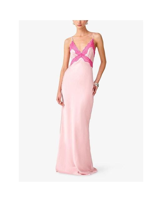 OMNES Pink Drew Lace-Trim Satin Maxi Dress