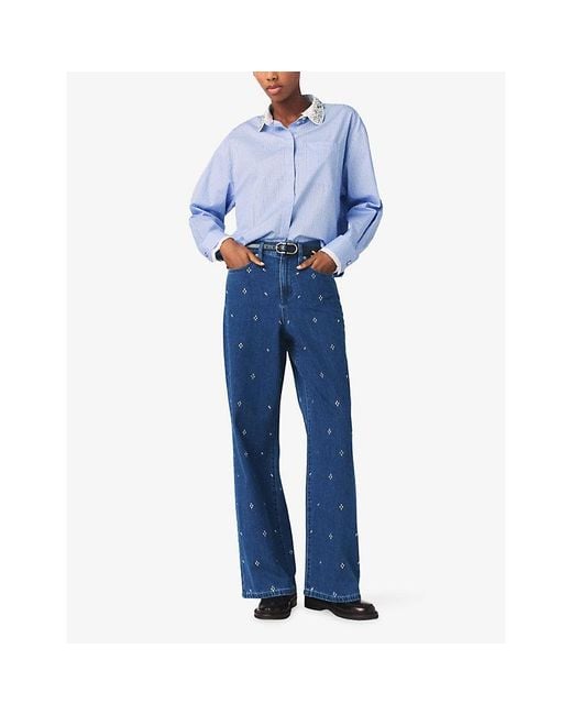 Maje Blue Wide-Leg Rhinestone-Embellished Denim Jeans