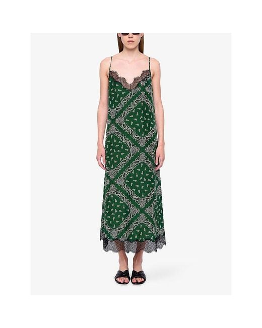 Zadig & Voltaire Green Respa Graphic-Print Lace-Trim Silk Midi Dress
