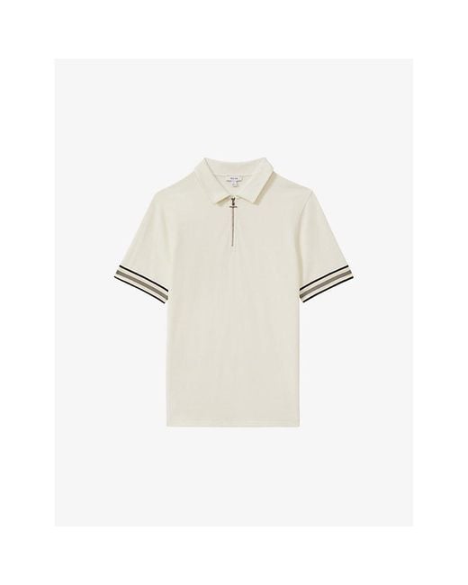 Reiss White Off Bristol Zip-Neck Short-Sleeve Stretch-Knit Polo for men