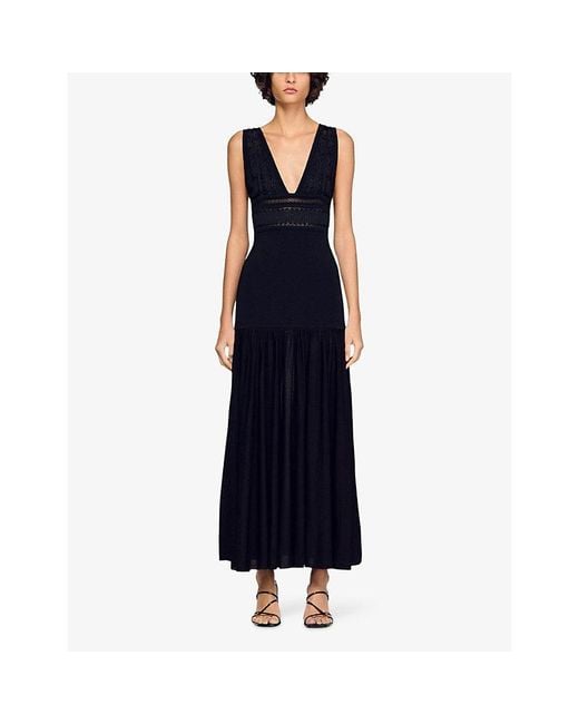 Sandro Black Sleeveless V-Neck Knitted Maxi Dress