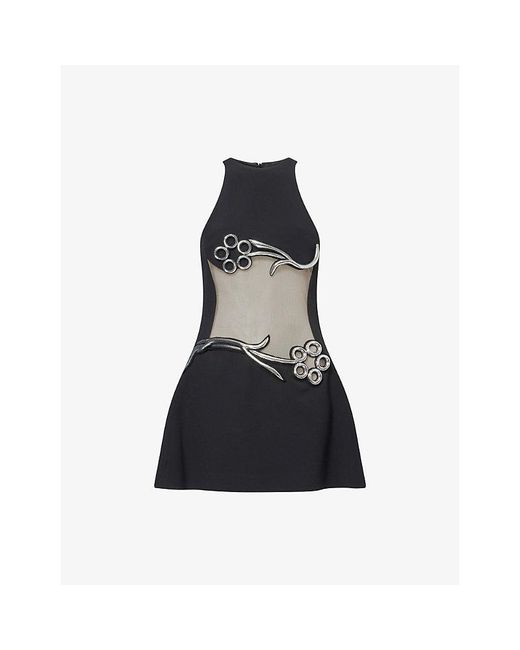 David Koma Black Metallic-Flower Tulle-Insert Woven Mini Dress