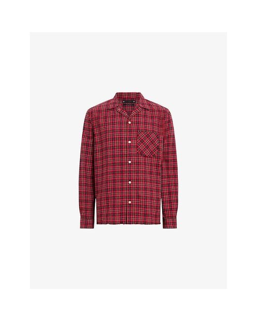 AllSaints Red Felix Resort-Collar Checked Cotton Shirt for men