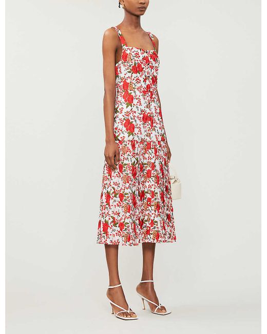 Alexis Red Amal Floral-embroidery Woven Midi Dress