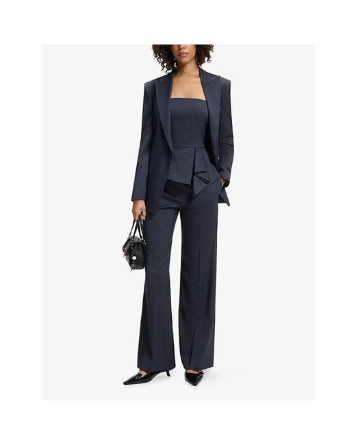 HUGO Blue Pinstriped Wide-Leg High-Rise Woven Trousers
