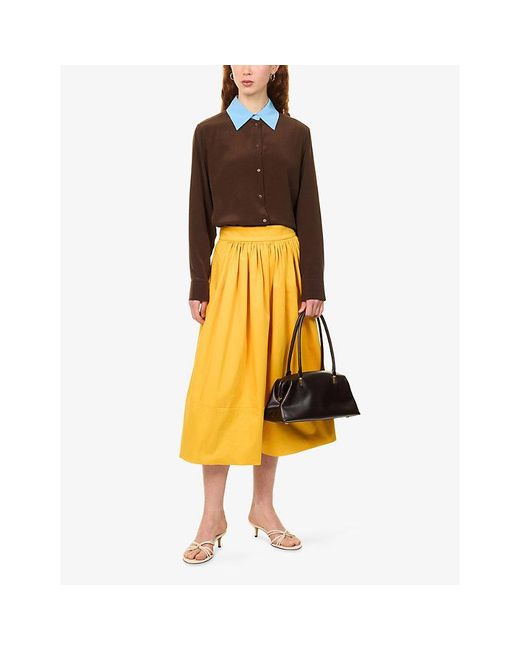Weekend by Maxmara Brown Contrast-Collar Relaxed-Fit Silk Shirt