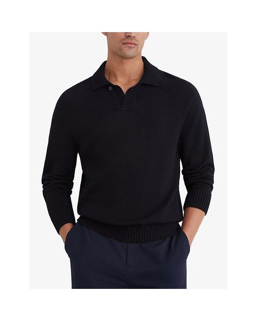 Reiss Black Open-Collar Cotton Polo Jumper for men