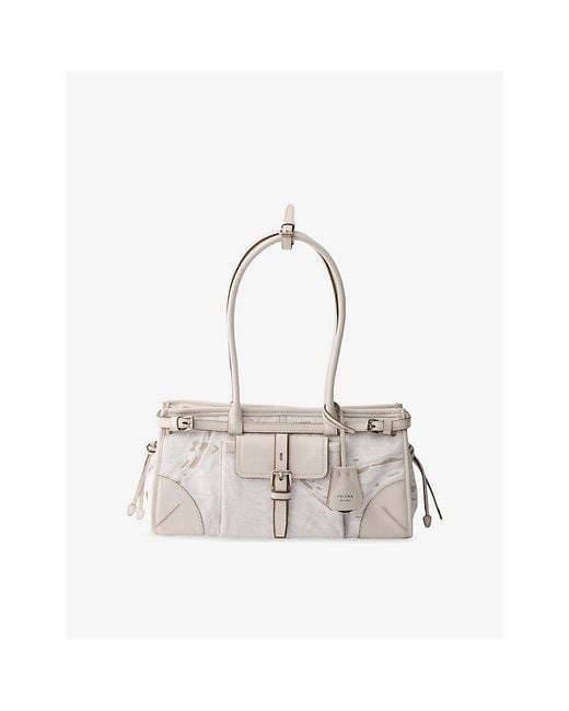 Prada White Medium Bonnie Linen And Leather Shoulder Bag