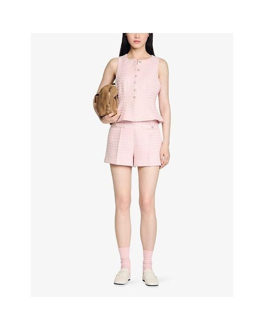 Sandro Pink High-Rise Sequin-Embellished Tweed Shorts