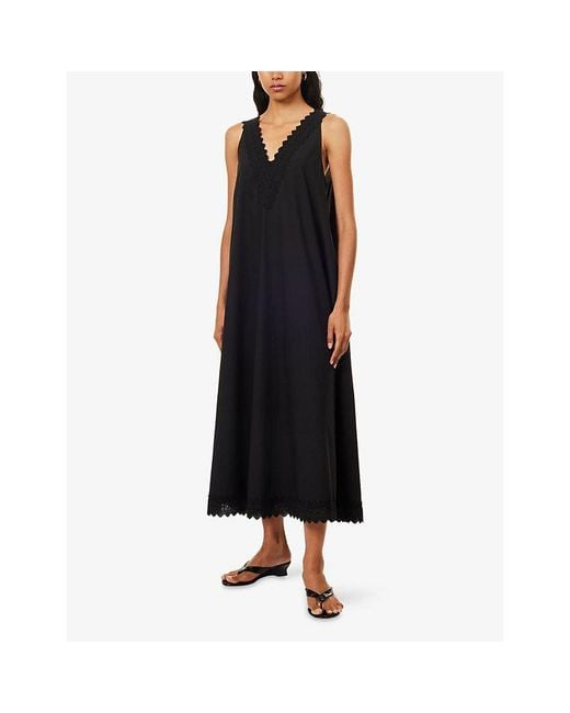 Dissh Black Annabel Lace-Trim Cotton-Blend Maxi Dress