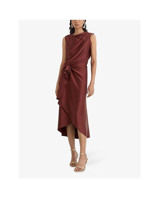 Reiss Red Mabel Sleeveless Frill-Detail Satin Midi Dress