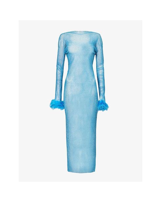 Amy Lynn Blue Rhinestone-embellished Faux-feather Cuff Chainmail Maxi Dress