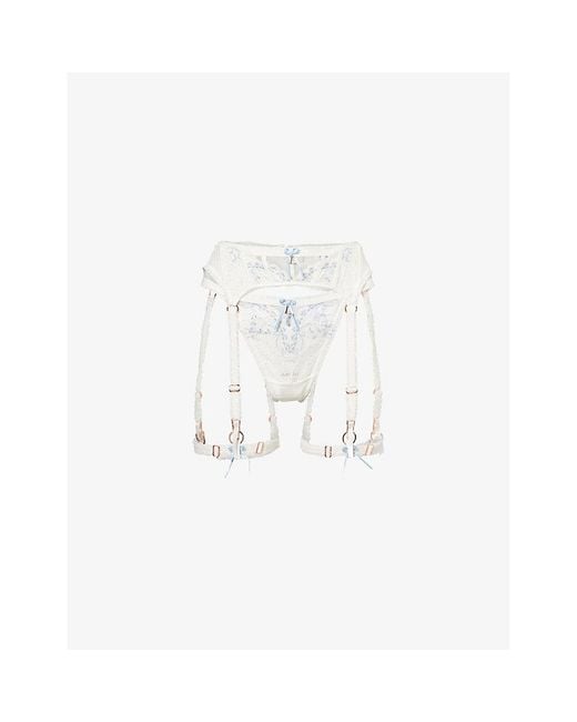Lounge Underwear White Bridal Francesca Lace Thong And Suspender Set