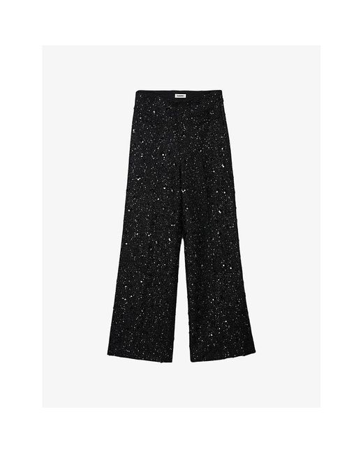 Sandro Black Rhinestone-Embellished High-Rise Tweed Trousers