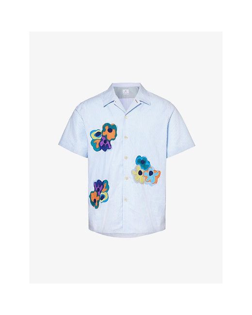 PS by Paul Smith Blue Floral-embroidered Casual-fit Cotton Shirt for men