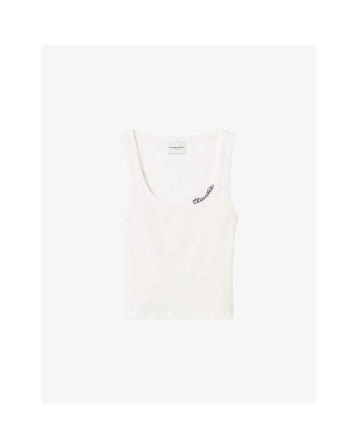 Claudie Pierlot White Brand-Embroidered Ribbed Stretch-Cotton Tank Top