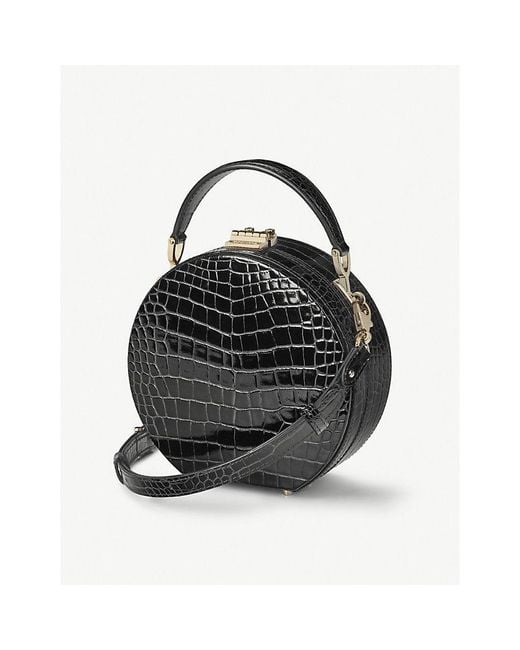Aspinal Black Round Croc-embossed Patent-leather Hat Box Bag