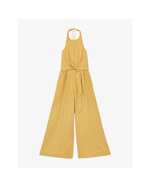Reiss Yellow Della Halterneck Linen Jumpsuit