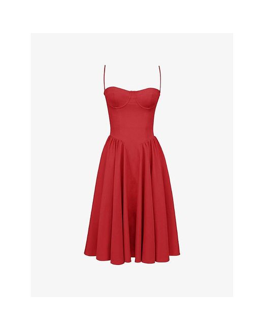 House Of Cb Red Samaria Corseted Woven Midi Dress