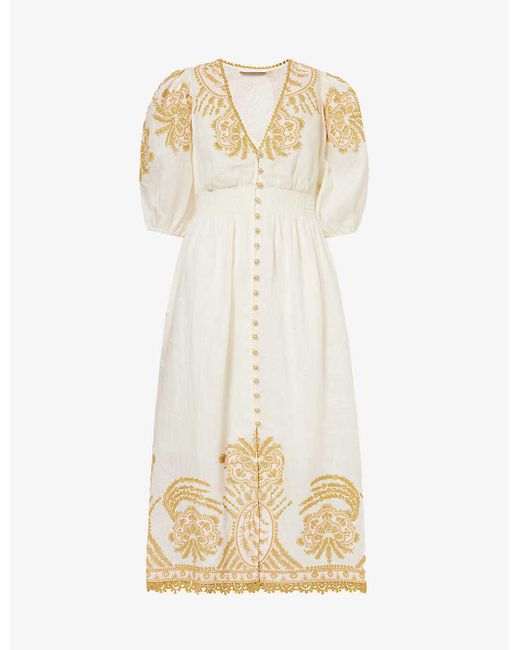 Zimmermann Natural Waverly Floral-embroidered Linen Midi Dress