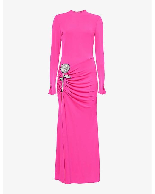 David Koma Pink Floral-embellished Slim-fit Stretch-jersey Maxi Dress