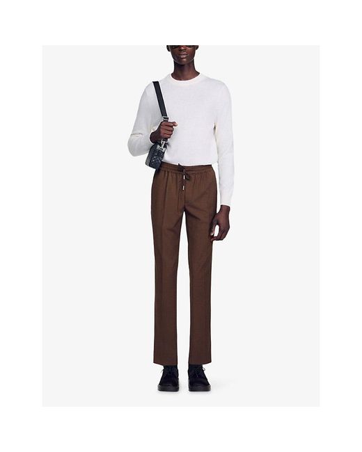 Sandro Brown Drawstring Elasticated-Waist Stretch Wool-Blend Trousers for men