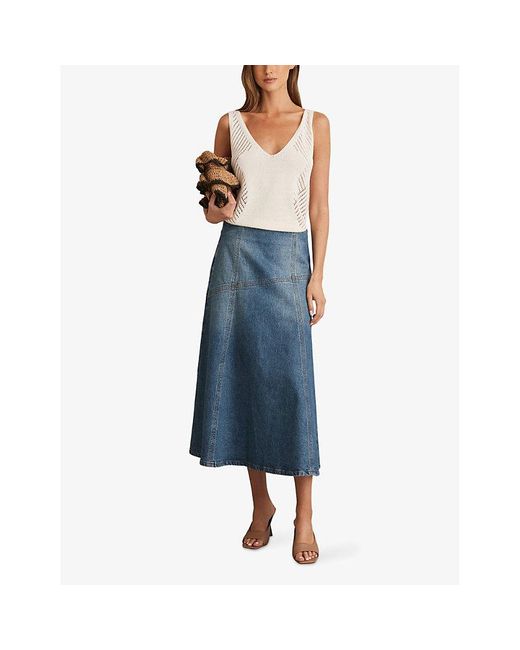 Reiss Blue Fee Patchwork High-Rise Denim Midi Skirt
