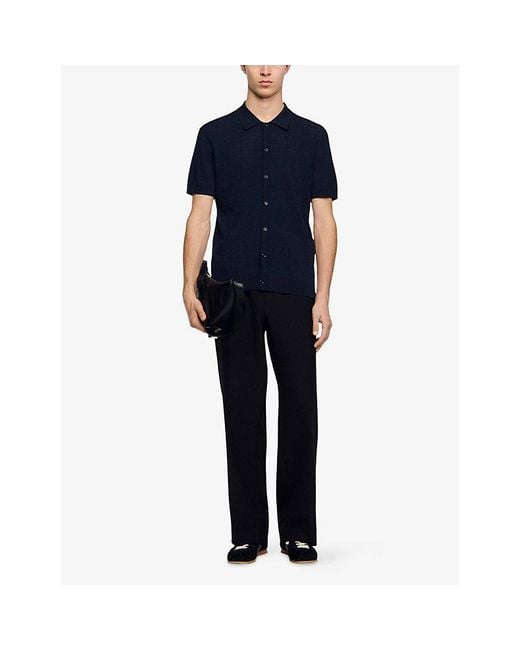 Sandro Blue Short-Sleeved Openwork Knitted Shirt for men