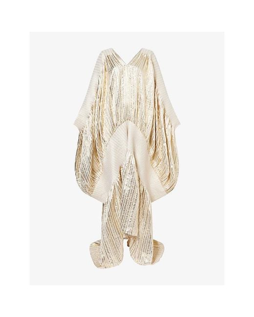 Dima Ayad Natural Metallic V-Neck Woven Kaftan