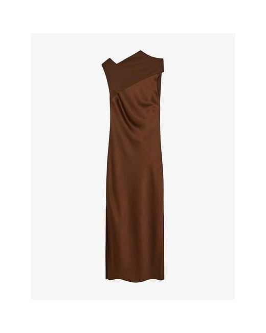 Reiss Alula Tie-Back Satin Midi Dress in Brown | Lyst