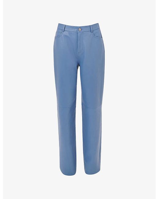 Whistles Blue Patch-pocket Straight-leg Mid-rise Leather Trousers