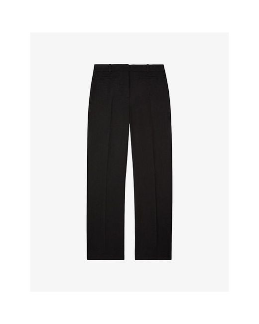 The Kooples Black Wide-Leg Mid-Rise Wool Trousers