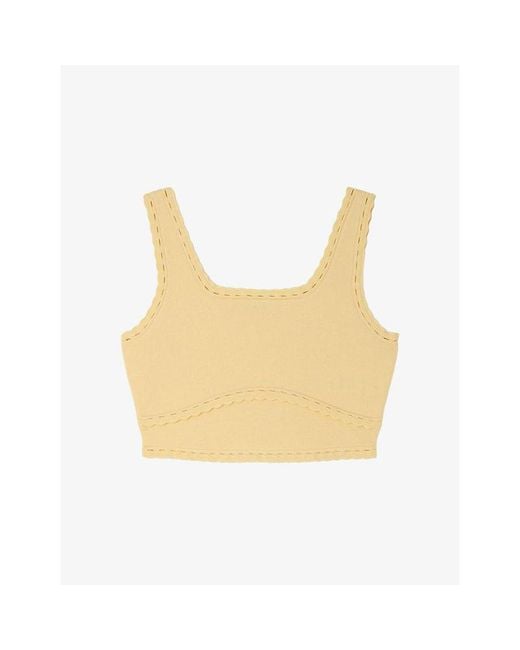Sandro Yellow Square-Neck Cropped Knitted Top