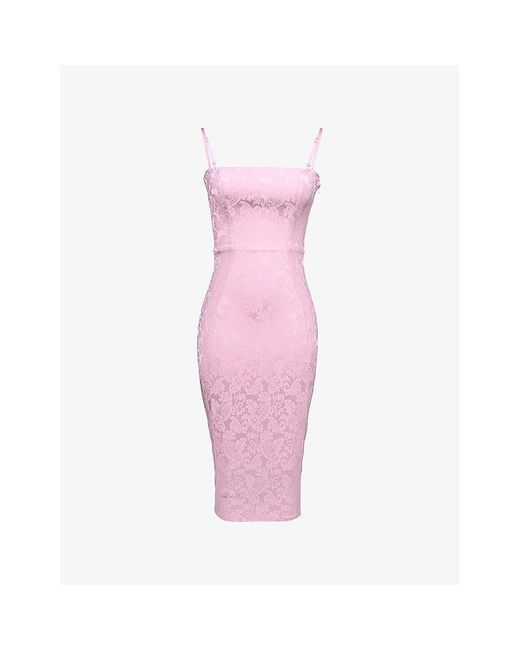 House Of Cb Pink Ophelle Lace-Up Bodycon Jacquard Woven Midi Dress