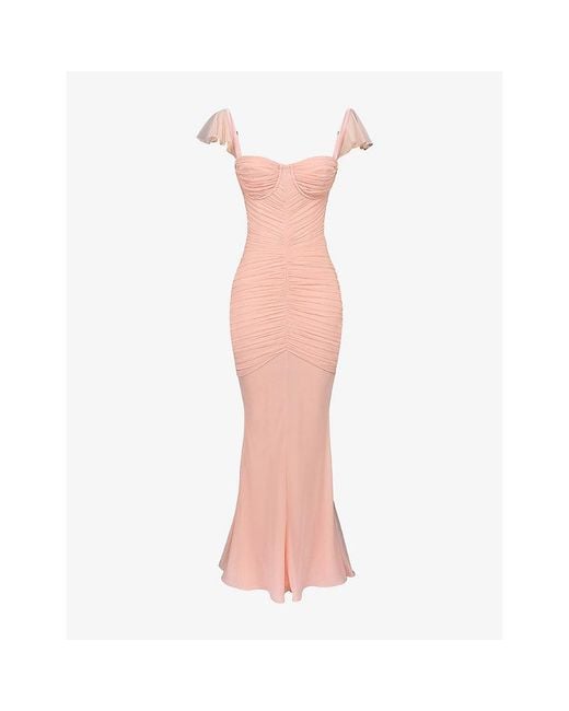 House Of Cb Pink Antonella Gathered-Bodice Stretch-Mesh Maxi Dress Xs (A-C Cup)