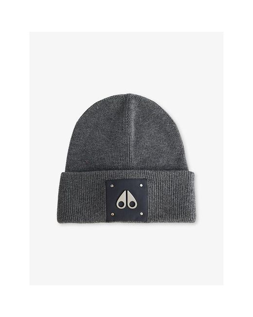 Moose Knuckles Gray Logo-Patch Knitted Wool Beanie Hat for men
