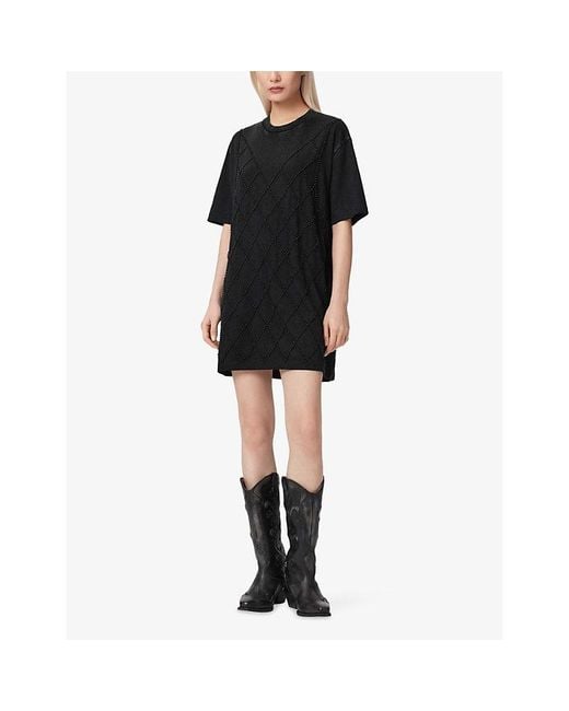 AllSaints Black Darcey Bead-Embellished Cotton T-Shirt Mini Dress
