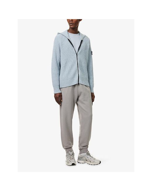 Stone Island Blue Logo-Patch Boucle Cotton-Blend Hoodie for men