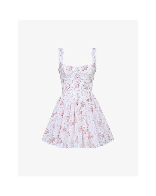 House Of Cb Blue Sade Floral-Print Lace-Trim Stretch-Cotton Mini Dress Xs (A-C Cup)