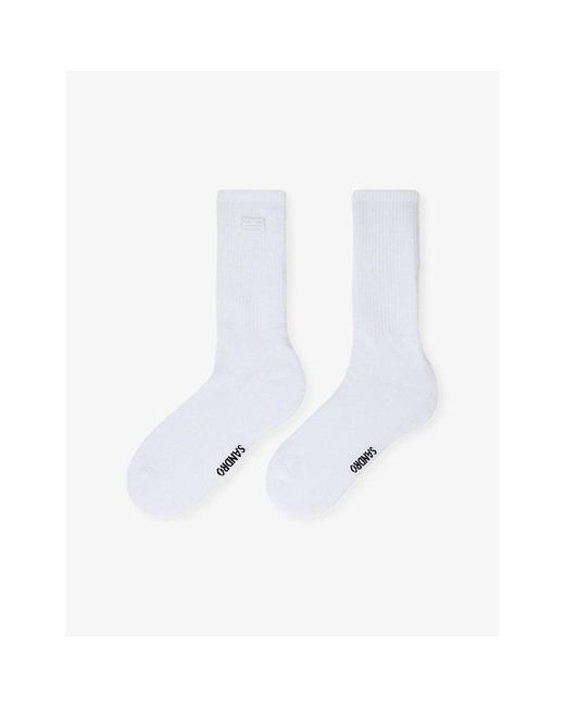 Sandro White Embroidered Logo-Patch Ribbed Stretch-Cotton Socks
