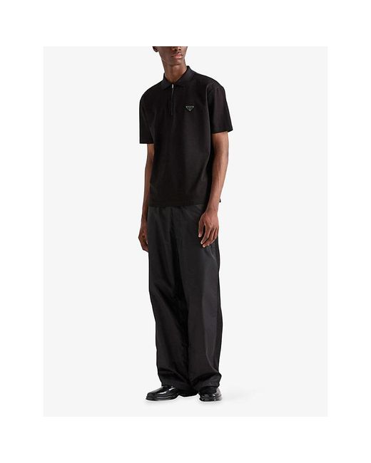 Prada Black Brand-Plaque Boxy-Fit Cotton-Piqué Polo Shirt for men