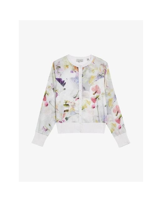 Ted Baker White Haylou Floral-print High-neck Knitted Cardigan