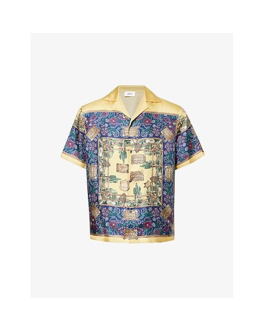 Bally Blue Floral-pattern Branded Camp-collar Relaxed-fit Silk Shirt X for men