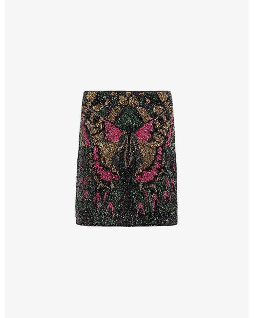 AllSaints Black Jamilia Sequin-embroidered Butterfly Woven Mini Skirt