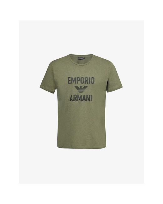 Emporio Armani Green Logo Text-Embroidered Relaxed-Fit Cotton And Linen-Blend T-Shirt for men